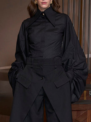 Black Oversized Collar Balloon Sleeve Shirt NorixaFashion.com
