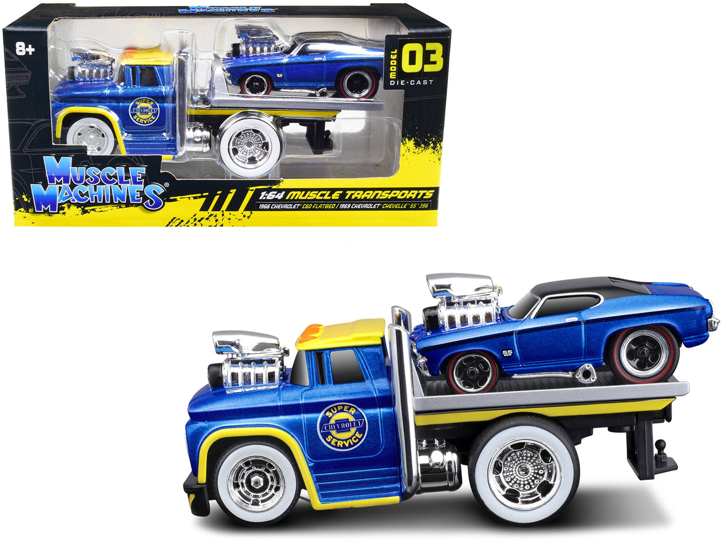 1966 Chevrolet C60 Flatbed Truck Dark Blue Metallic with Yellow Top and 1969 Chevrolet Chevelle SS 396 Dark Blue Metallic with Black Top "Chevrolet Super Service" "Muscle Transports" Seri LuxuryLifeWay Online Store