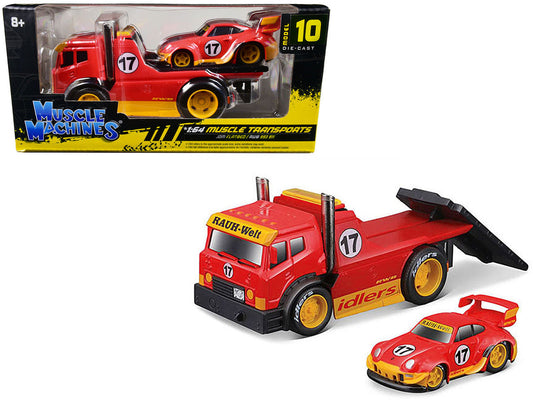 JDM Flatbed Truck #17 Red "RAUH-Welt BEGRIFF" and Porsche RWB 911 993 #17 Red "Muscle Transports" Series 1/64 Diecast Model Cars by Muscle Machines LuxuryLifeWay Online Store