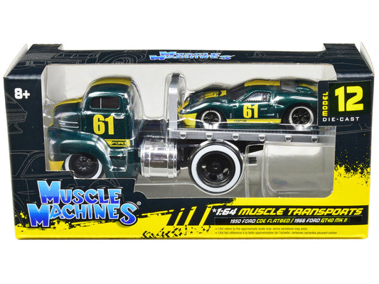 1950 Ford COE Flatbed Truck #61 and 1966 Ford GT40 MK II #61 Green Metallic with Yellow Stripes "Muscle Transports" Series 1/64 Diecast Model Cars by Muscle Machines LuxuryLifeWay Online Store