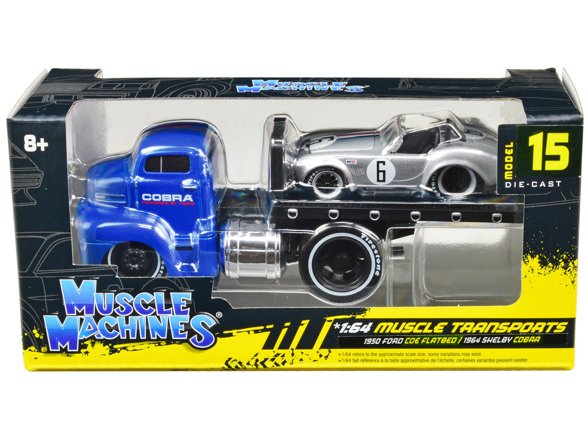 1950 Ford COE Flatbed Truck Blue "Cobra Powered by Ford" and 1964 Shelby Cobra #6 Silver Metallic with Stripes "Muscle Transports" Series 1/64 Diecast Model Cars by Muscle Machines LuxuryLifeWay Online Store