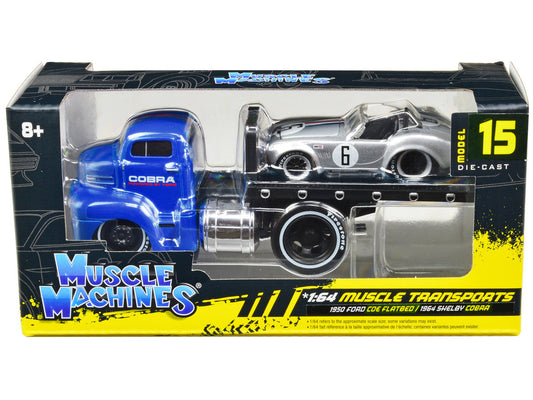 1950 Ford COE Flatbed Truck Blue "Cobra Powered by Ford" and 1964 Shelby Cobra #6 Silver Metallic with Stripes "Muscle Transports" Series 1/64 Diecast Model Cars by Muscle Machines LuxuryLifeWay Online Store