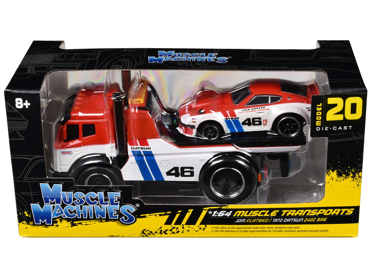 JDM Flatbed Truck #46 Red and White with Blue Stripes and 1972 Datsun 240Z #46 Red and White with Blue Stripes "BRE" "Muscle Transports" Series 1/64 Diecast Models by Muscle Machines LuxuryLifeWay Online Store
