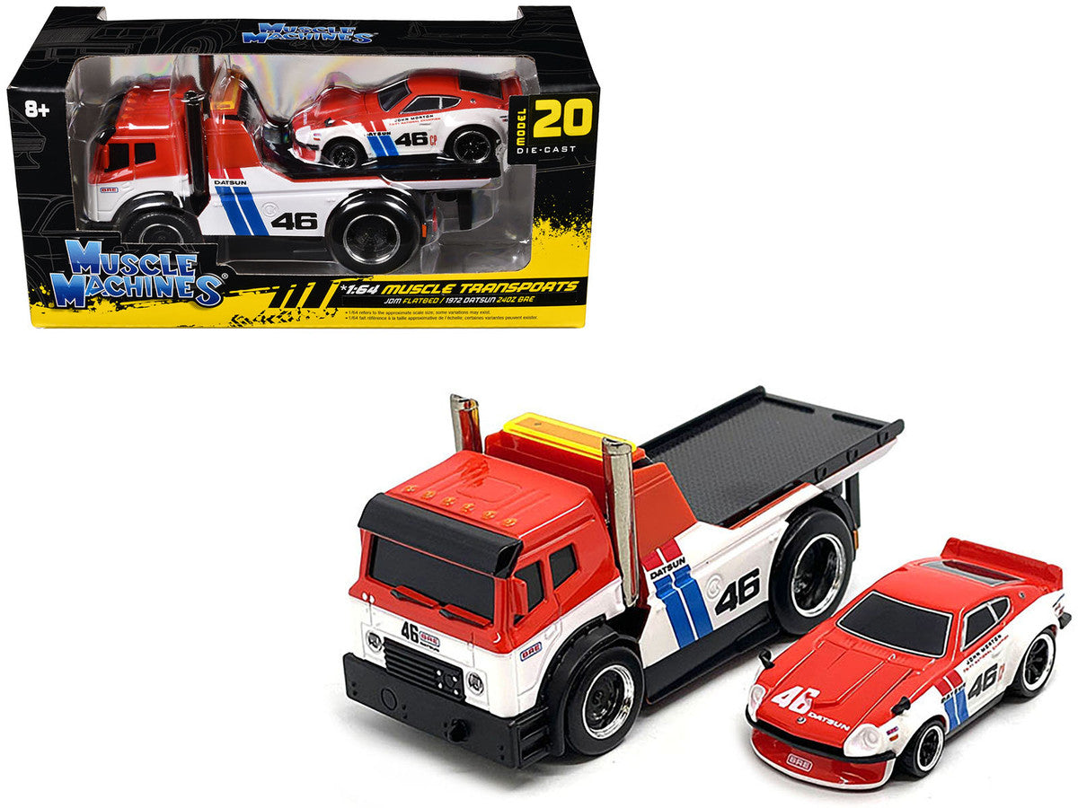 JDM Flatbed Truck #46 Red and White with Blue Stripes and 1972 Datsun 240Z #46 Red and White with Blue Stripes "BRE" "Muscle Transports" Series 1/64 Diecast Models by Muscle Machines LuxuryLifeWay Online Store