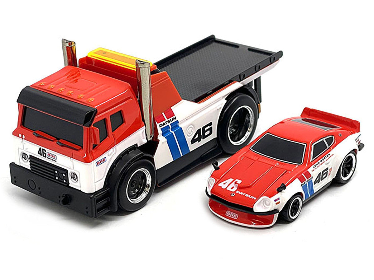 JDM Flatbed Truck #46 Red and White with Blue Stripes and 1972 Datsun 240Z #46 Red and White with Blue Stripes "BRE" "Muscle Transports" Series 1/64 Diecast Models by Muscle Machines LuxuryLifeWay Online Store