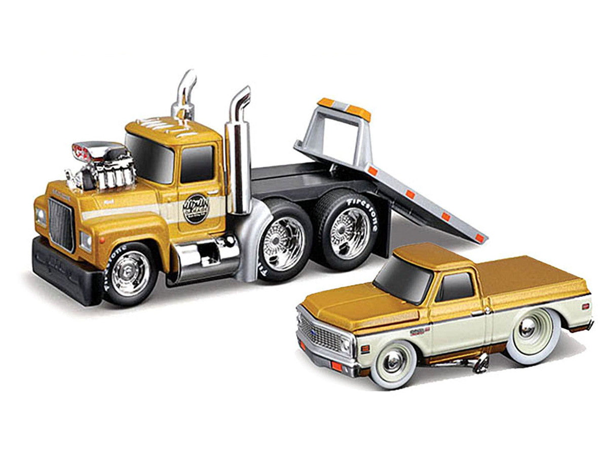 1980 Mack A685ST Flatbed Truck Gold Metallic with Beige Stripes "Madman Garage" and 1972 Chevrolet C10 Pickup Truck Gold Metallic and Beige "Muscle Transports" Series 1/64 Diecast Models by Muscle Machines LuxuryLifeWay Online Store