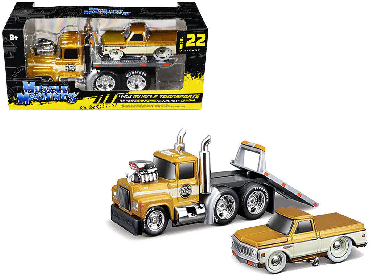 1980 Mack A685ST Flatbed Truck Gold Metallic with Beige Stripes "Madman Garage" and 1972 Chevrolet C10 Pickup Truck Gold Metallic and Beige "Muscle Transports" Series 1/64 Diecast Models by Muscle Machines LuxuryLifeWay Online Store
