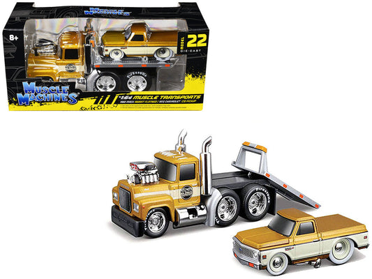 1980 Mack A685ST Flatbed Truck Gold Metallic with Beige Stripes "Madman Garage" and 1972 Chevrolet C10 Pickup Truck Gold Metallic and Beige "Muscle Transports" Series 1/64 Diecast Models by Muscle Machines LuxuryLifeWay Online Store