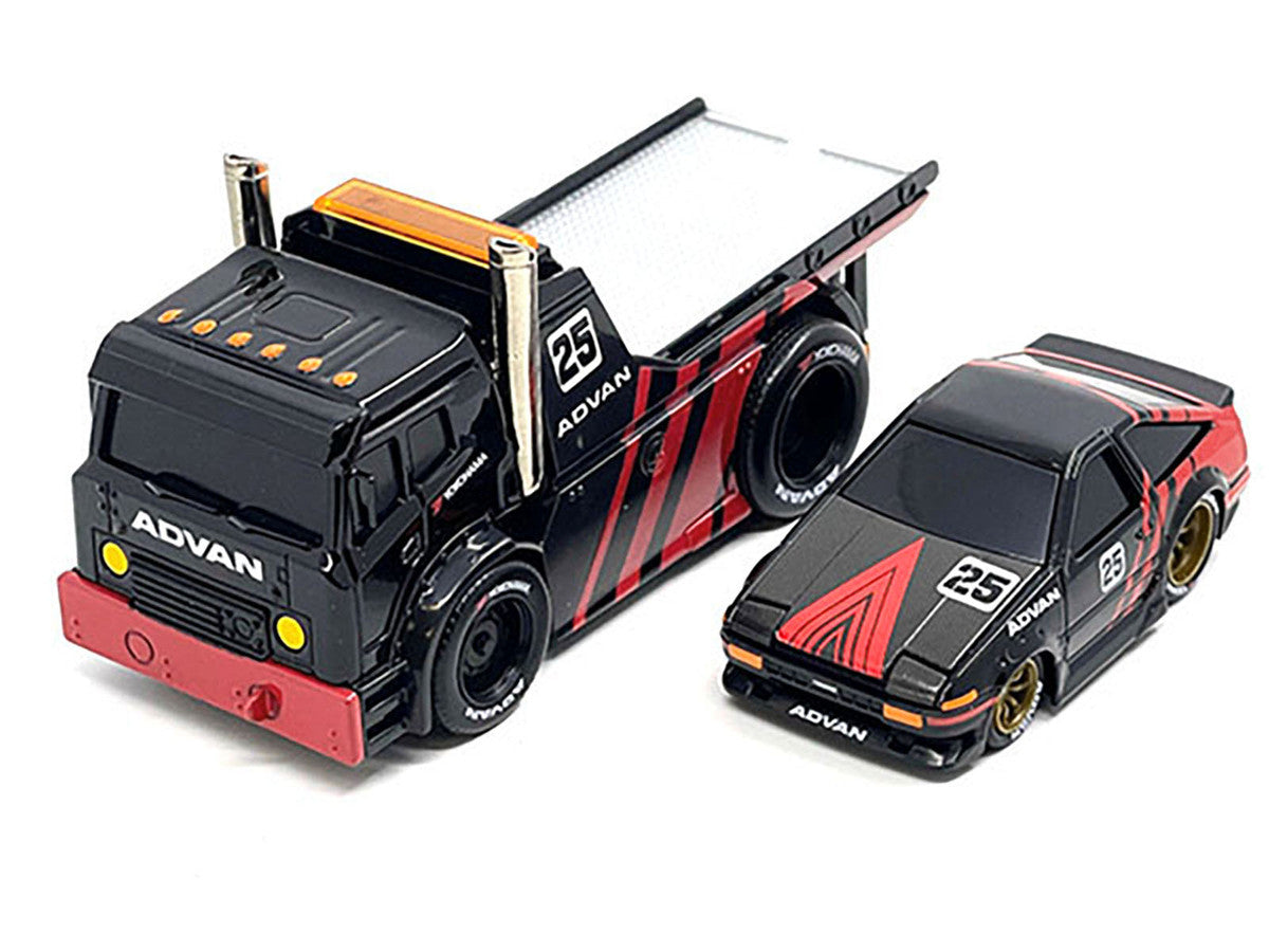 JDM Flatbed Truck #25 Black and Red and 1983-85 Toyota Trueno Sprinter (AE86) #25 Black and Red "Advan" Livery "Muscle Transports" Series 1/64 Diecast Models by Muscle Machines LuxuryLifeWay Online Store