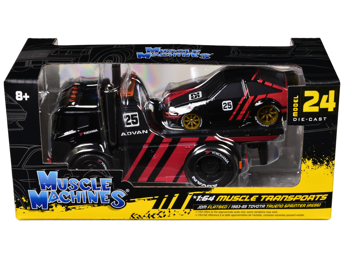 JDM Flatbed Truck #25 Black and Red and 1983-85 Toyota Trueno Sprinter (AE86) #25 Black and Red "Advan" Livery "Muscle Transports" Series 1/64 Diecast Models by Muscle Machines LuxuryLifeWay Online Store