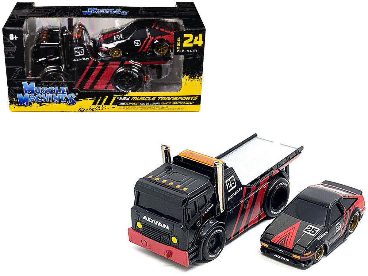 JDM Flatbed Truck #25 Black and Red and 1983-85 Toyota Trueno Sprinter (AE86) #25 Black and Red "Advan" Livery "Muscle Transports" Series 1/64 Diecast Models by Muscle Machines LuxuryLifeWay Online Store