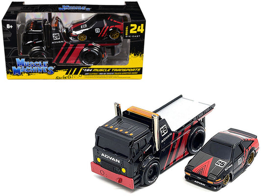 JDM Flatbed Truck #25 Black and Red and 1983-85 Toyota Trueno Sprinter (AE86) #25 Black and Red "Advan" Livery "Muscle Transports" Series 1/64 Diecast Models by Muscle Machines LuxuryLifeWay Online Store