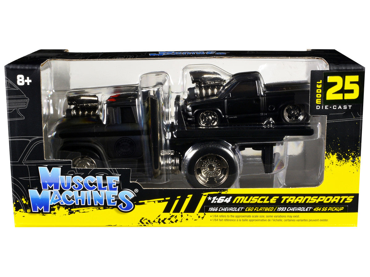 1966 Chevrolet C60 Flatbed Truck Matt Black and 1993 Chevrolet 454 SS Pickup Truck Matt Black "Muscle Transports" Series 1/64 Diecast Models by Muscle Machines LuxuryLifeWay Online Store