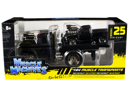 1966 Chevrolet C60 Flatbed Truck Matt Black and 1993 Chevrolet 454 SS Pickup Truck Matt Black "Muscle Transports" Series 1/64 Diecast Models by Muscle Machines LuxuryLifeWay Online Store