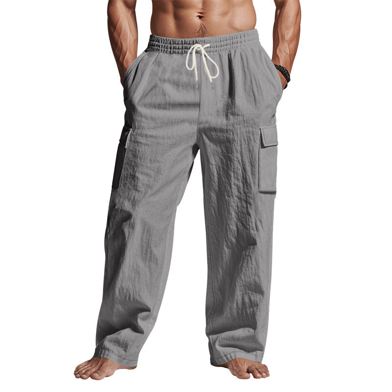Men's Workwear Multi-pocket Straight Linen Pants Linen Four Seasons Thin Breathable Cargo Pants, Multi-pocket Loose Casual Trendy Wide-leg Pants NorixaFashion.com