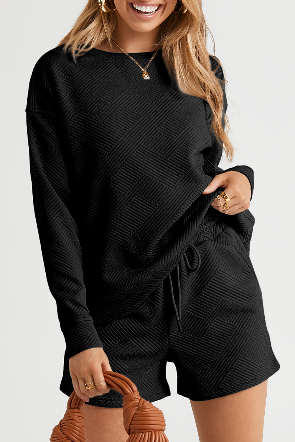 Adalyn Textured Long Sleeve Top and Drawstring Shorts Set LuxuryLifeWay Online Store