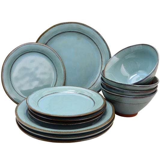 Gibson Elite Terranea 12 Piece Round Terracotta Dinnerware Set in Teal LuxuryLifeWay Online Store