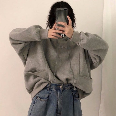 Hoodies Women Autumn Winter New Korean Style Student Loose Embroidered Simple Plus Velvet High Quality Soft Womens Clothing Chic LuxuryLifeWay Online Store
