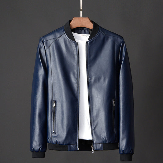 Slim Fit Men's PU Leather Jacket - Stand Collar Motorcycle Style Jacket (Regular Length)