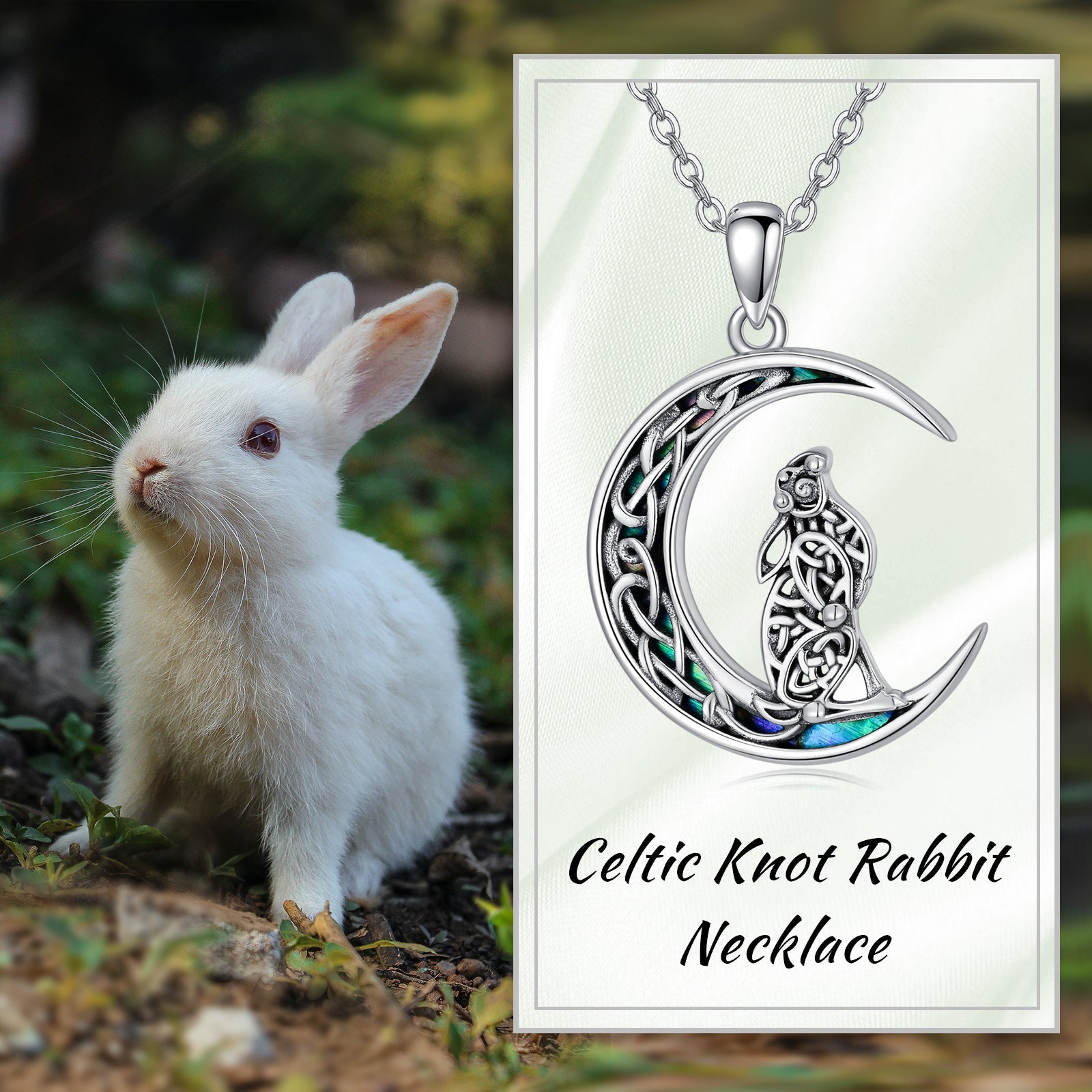 Celtic Knot Bunny Moon Necklace Sterling Silver Abalone Shellfish Pendant Jewelry Gifts LadyShow.Store