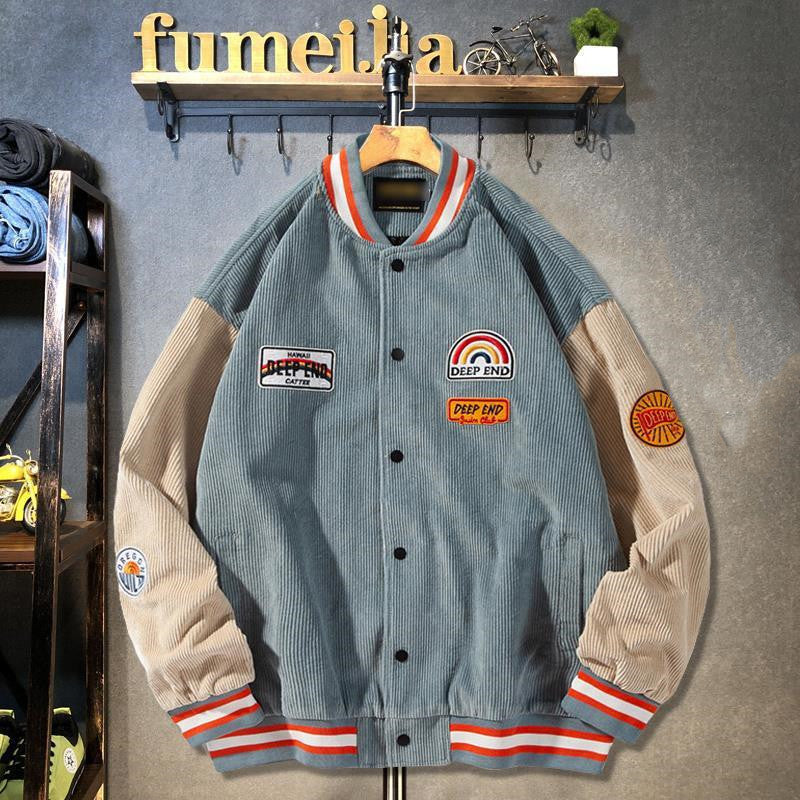 Men's Loose Color-block Corduroy Baseball Jacket Pi-Mart