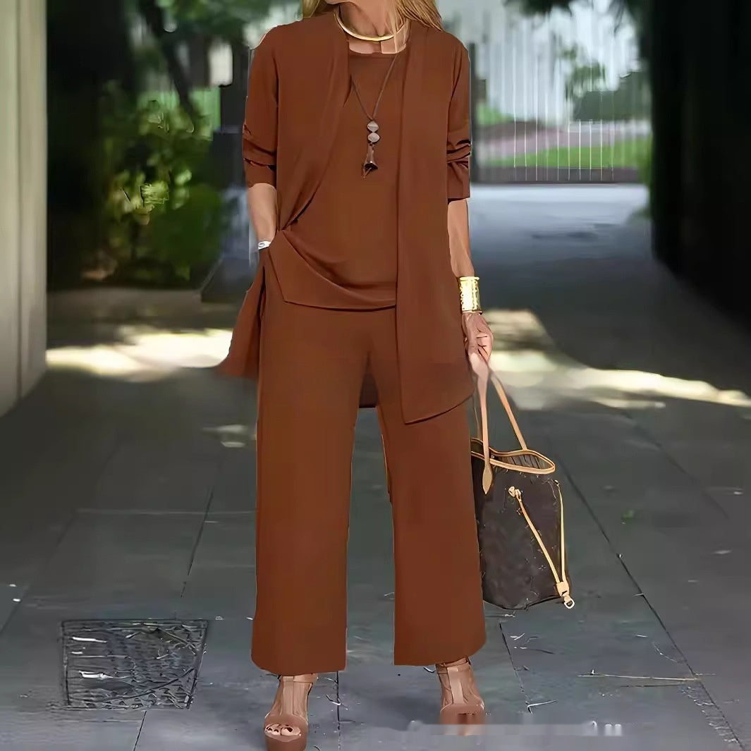 3-piece Cardigan Suit Pure Color Split Sleeveless Vest Top Long Sleeve Jacket And Wide Leg Pants Set NorixaFashion.com
