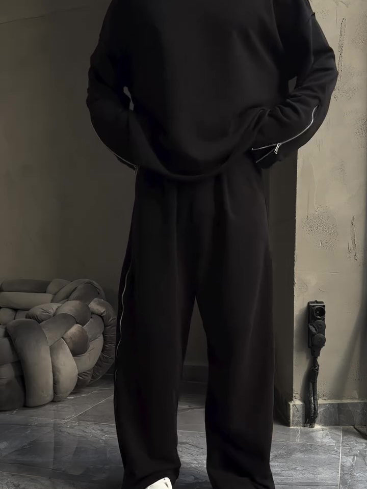 Black Side Zip Detail Oversized Sweatshirt & Wide-Leg Pants Set NorixaFashion.com