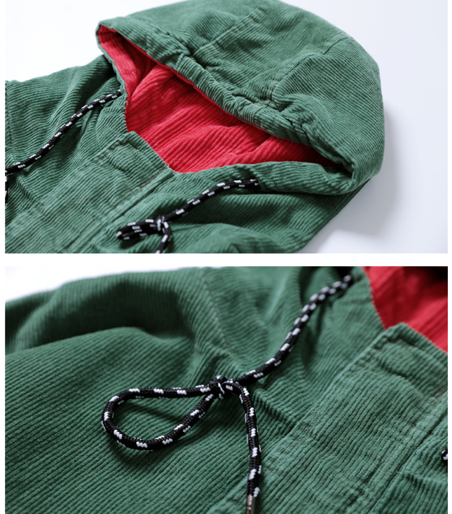 Corduroy Hip-Hop Patchwork Hooded Jacket for Couples Pi-Mart