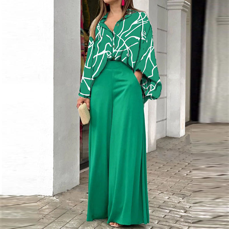 Loose And Elegant Casual Printed Shirt Top Wide Leg Pants Fashion Suit NorixaFashion.com