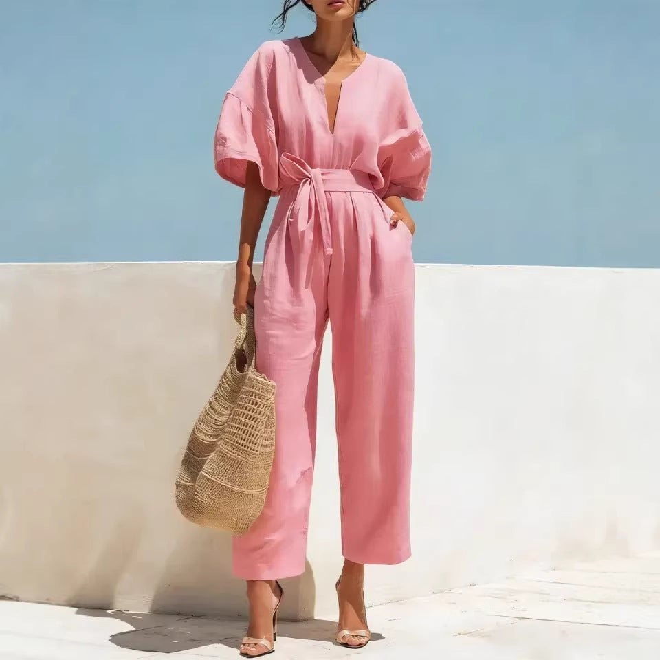 Fashionable V-Neck Solid Color Cotton-Linen Jumpsuit For Women LadyShow.Store
