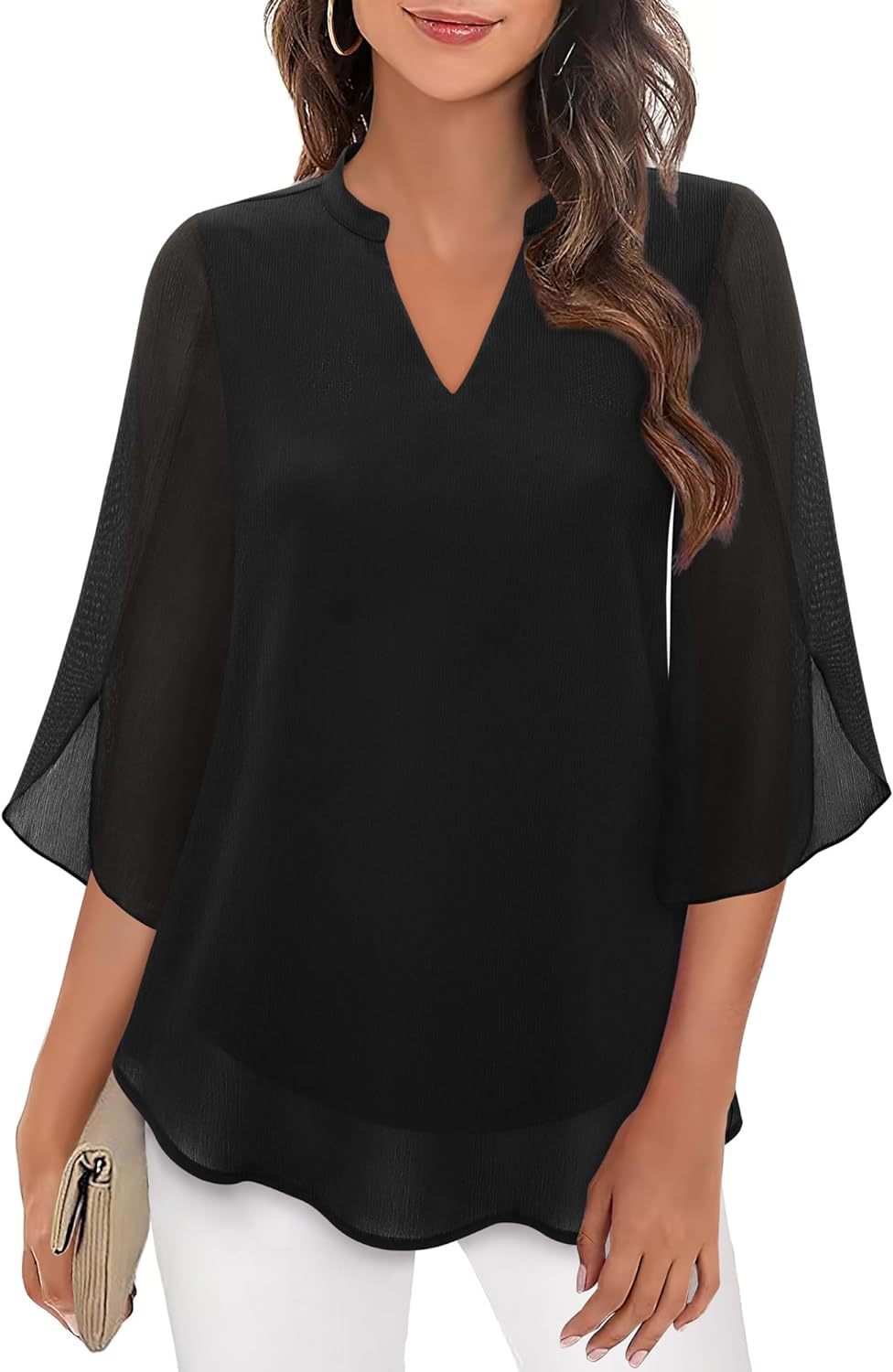 Women's Petal Sleeve Top Loose V-neck Chiffon Shirt LadyShow.Store