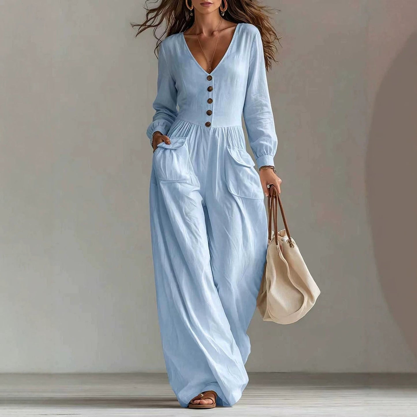 New Autumnwinter Casual Chic Womens V-neck Long-sleeve Jumpsuit With Pockets NorixaFashion.com