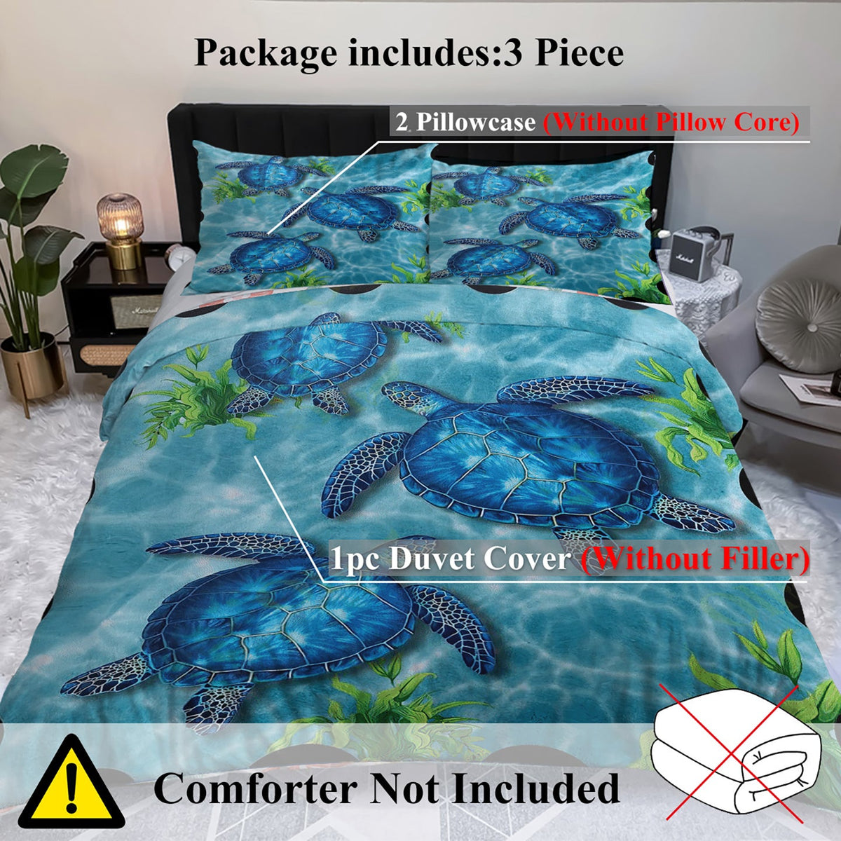 Sea Turtle Pattern Duvet Cover Set 3 Pieces King Size Soft Bedding Set With 2 Pilowcases With Zipper Closure For Home Bedroom For All Seasons PearlNestDecor.com