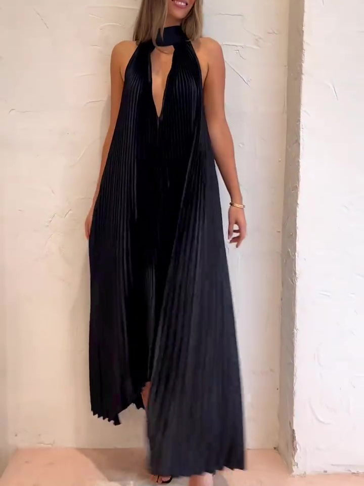 Black V-Neck Pressed Pleated Dress NorixaFashion.com