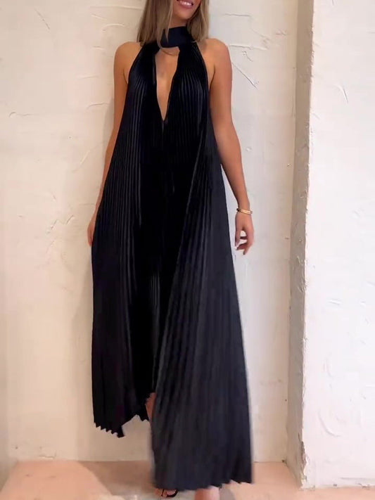 Black V-Neck Pressed Pleated Dress NorixaFashion.com