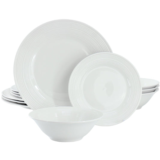 Gibson Home Everyday Embossed 12 Piece Round Ceramic Dinnerware Set in White LuxuryLifeWay Online Store