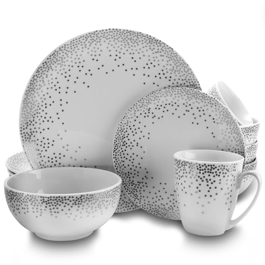 Gibson Platinum Dots 16 Piece Round Ceramic Dinnerware Set LuxuryLifeWay Online Store