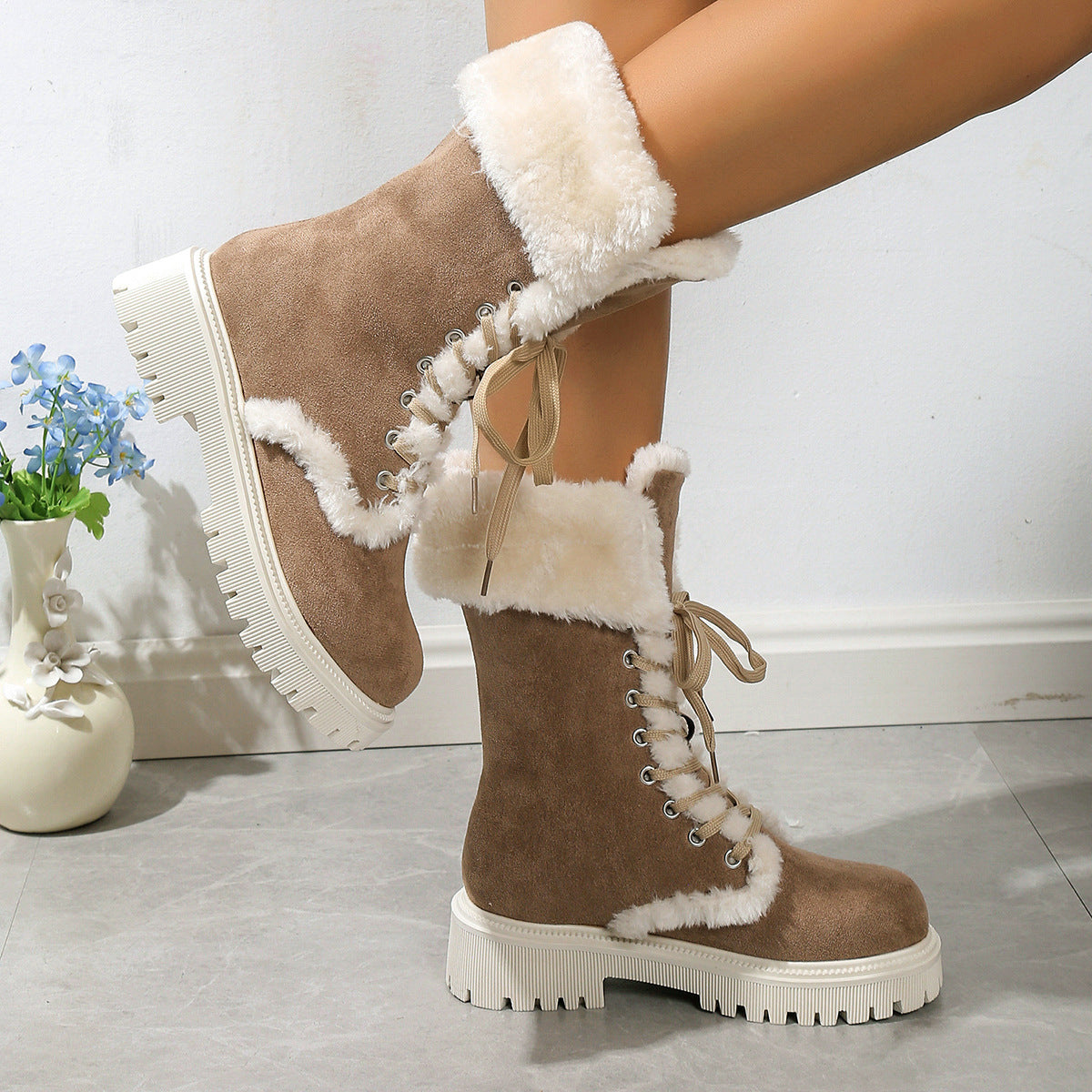 Winter Lace-up Snow Boots For Women Mid-tube Fleece Shoes Warm Chunky Heels Plush Boot LadyShow.Store