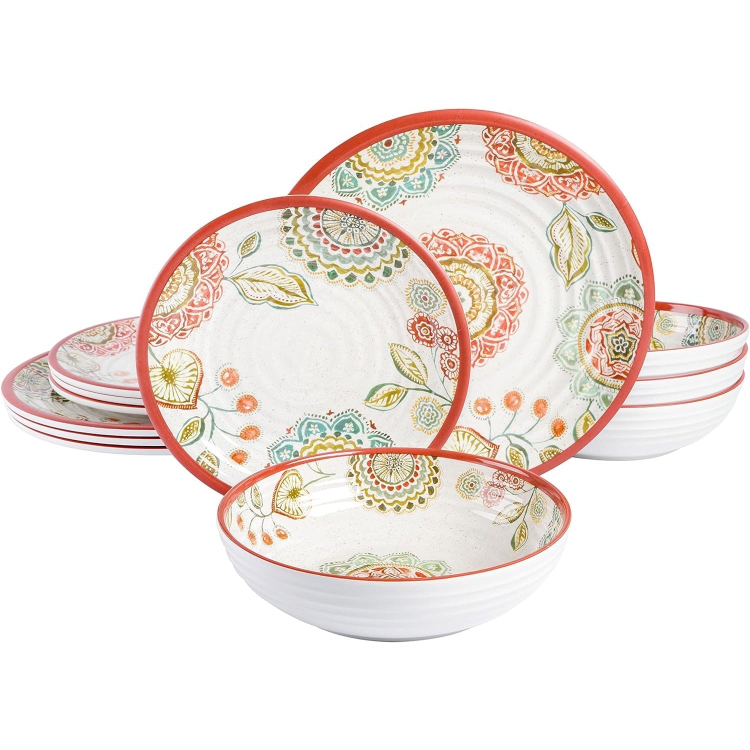 Laurie Gates Brick Floral Ripple 12 Piece Melamine Dinnerware Set in Red LuxuryLifeWay Online Store