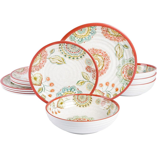 Laurie Gates Brick Floral Ripple 12 Piece Melamine Dinnerware Set in Red LuxuryLifeWay Online Store