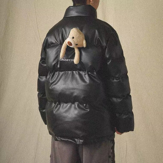 Bear decoration PU leather cotton jacket CJD