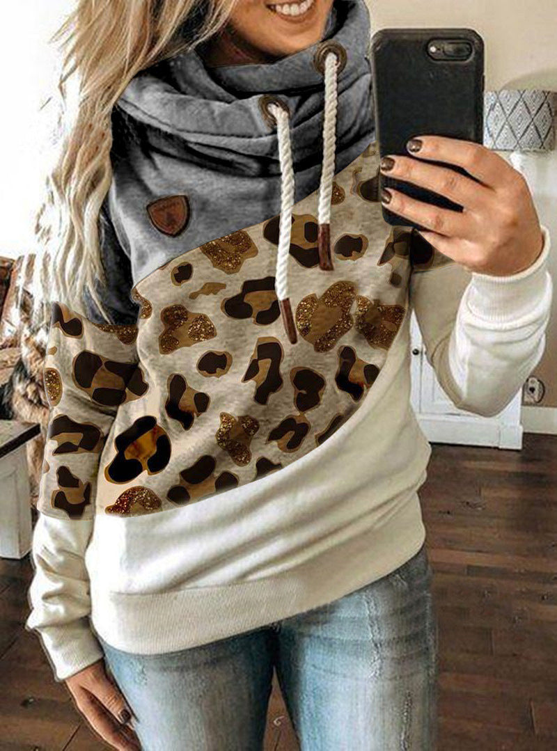Printed stitching hooded fleece loose sweatshirt