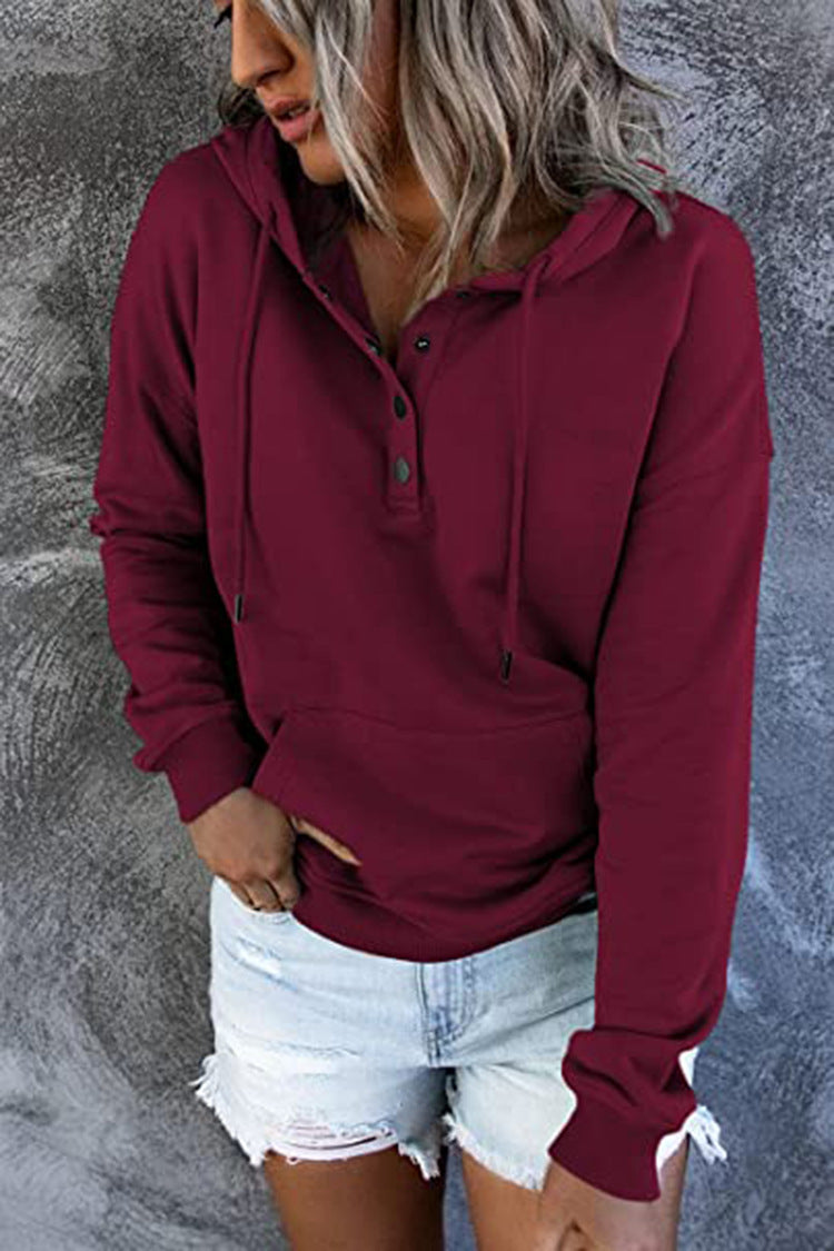 Long-sleeved Hooded Sweatshirt With Pockets Fashion Casual Button Drawstring Design Hoodie Top Spring And Autumn Sports Clothing For Women LadyShow.Store