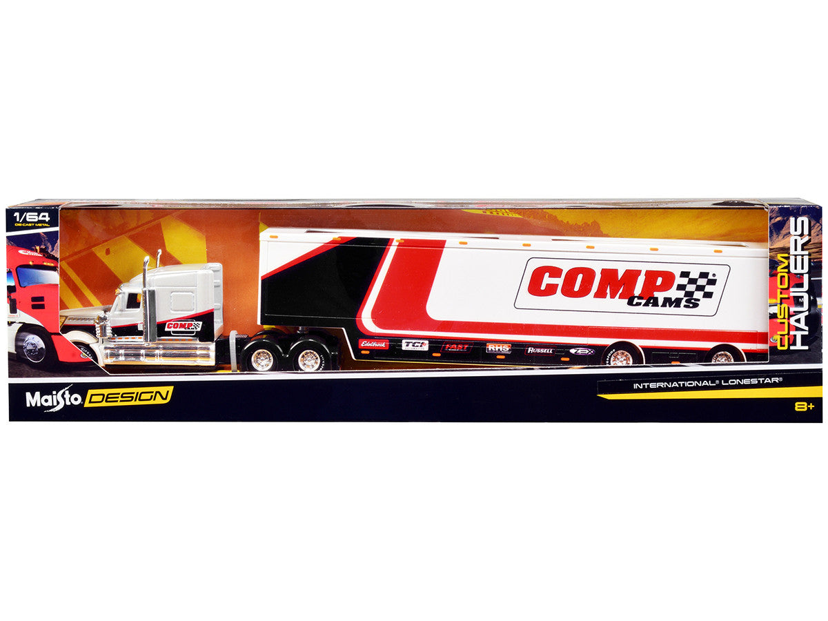 International LoneStar Enclosed Car Transporter "Comp Cams" White and Black with Stripes "Custom Haulers" Series 1/64 Diecast Model by Maisto LuxuryLifeWay Online Store