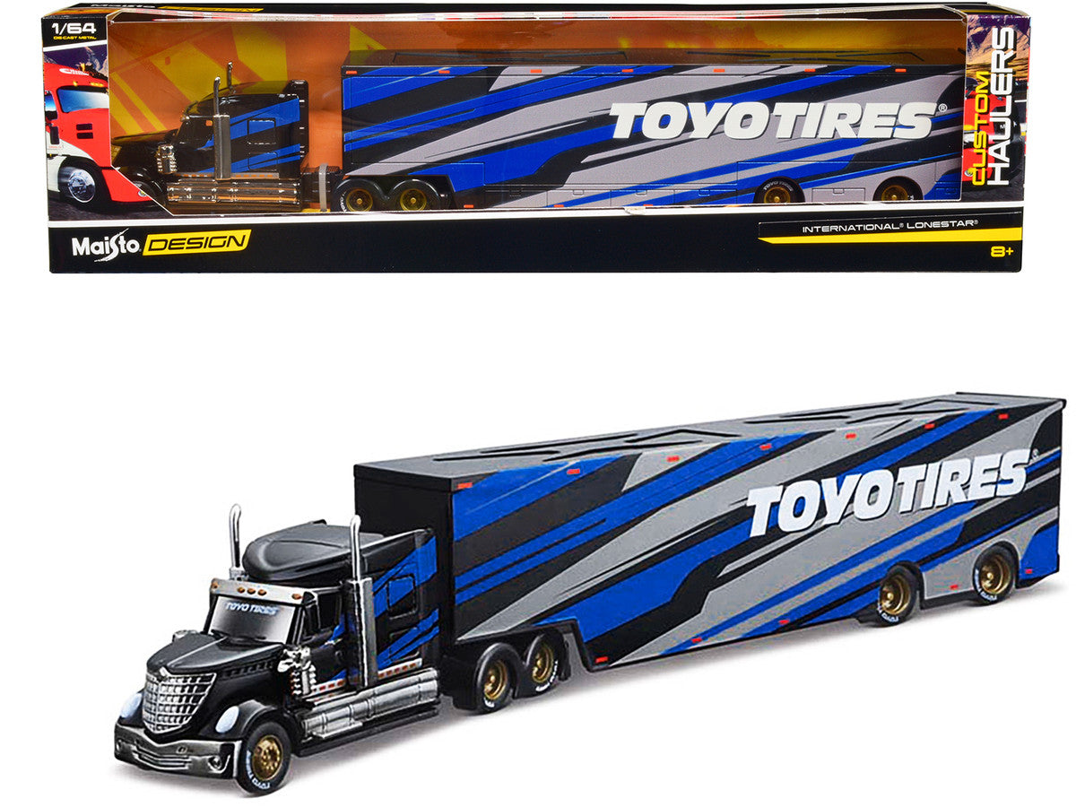 International LoneStar Enclosed Car Transporter "Toyo Tires" Black with Blue and Gray Stripes "Custom Haulers" Series 1/64 Diecast Model by Maisto LuxuryLifeWay Online Store