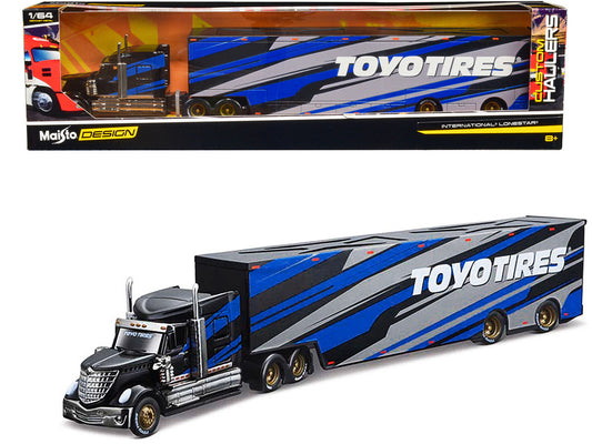 International LoneStar Enclosed Car Transporter "Toyo Tires" Black with Blue and Gray Stripes "Custom Haulers" Series 1/64 Diecast Model by Maisto LuxuryLifeWay Online Store