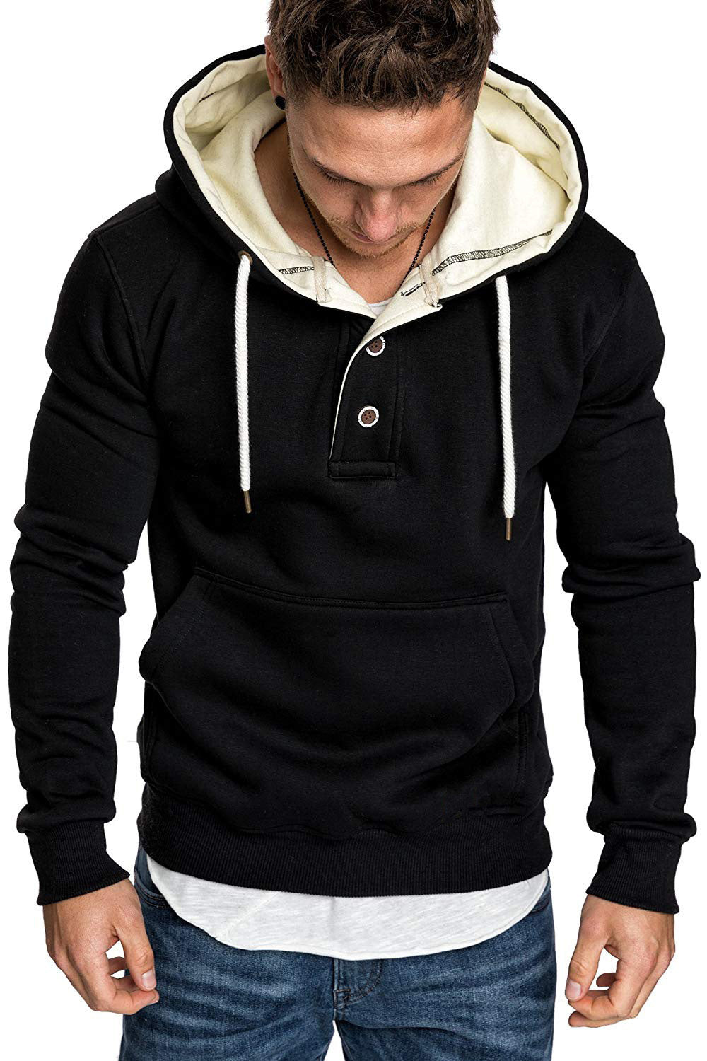 Button-Trim Hooded Fleece Sweatshirt - Cotton Blend Pullover with Pockets