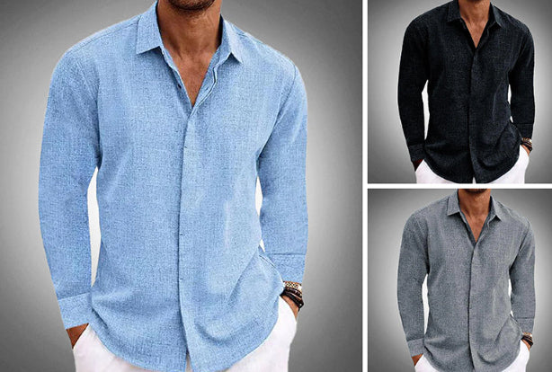 Long Sleeve T-shirt Undershirt Solid Color Long Sleeve Cotton Linen Shirt Men NorixaFashion.com
