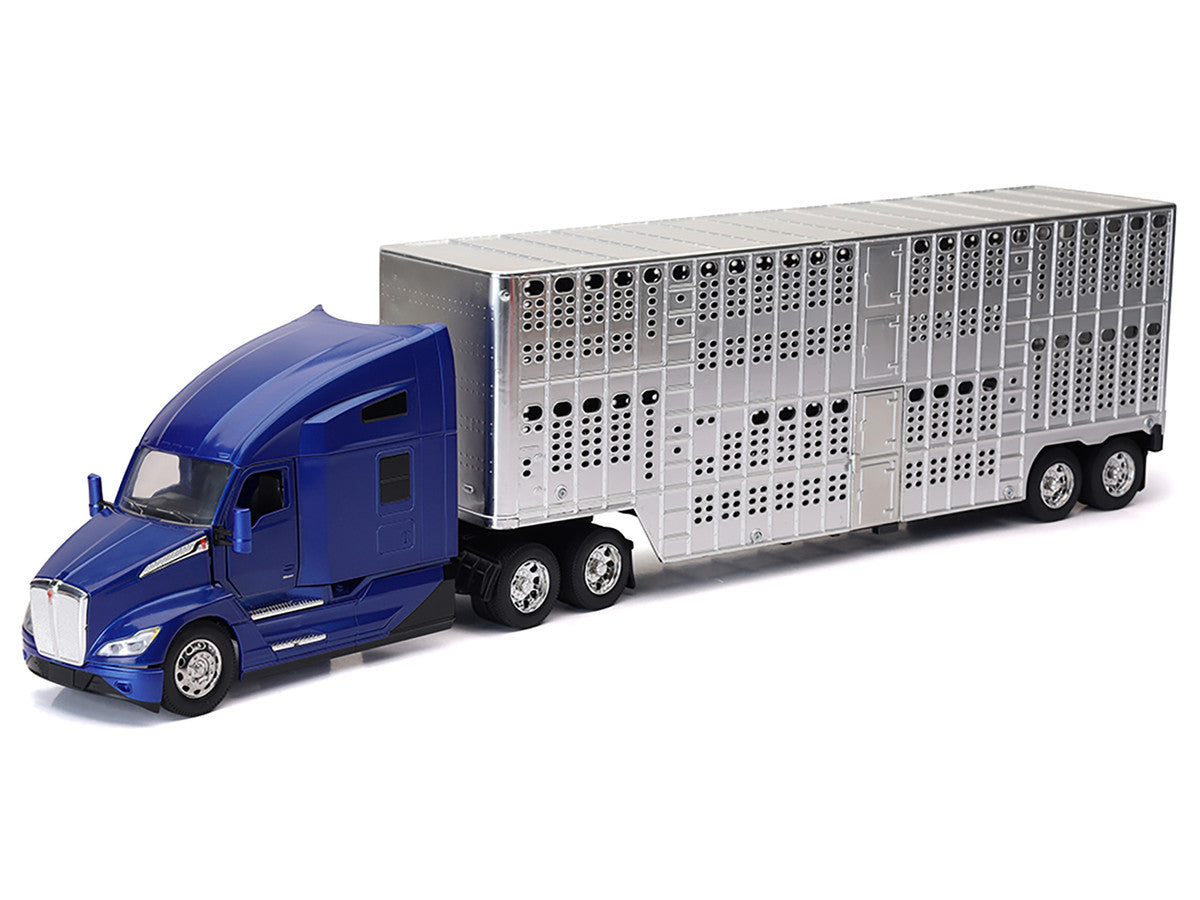 Kenworth T680 Truck Blue Metallic with Livestock Trailer Chrome "Long Haul Trucker" Series 1/32 Diecast Model by New Ray LuxuryLifeWay Online Store