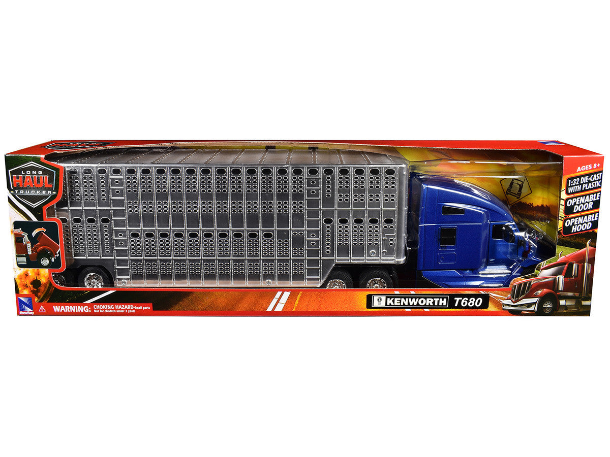 Kenworth T680 Truck Blue Metallic with Livestock Trailer Chrome "Long Haul Trucker" Series 1/32 Diecast Model by New Ray LuxuryLifeWay Online Store